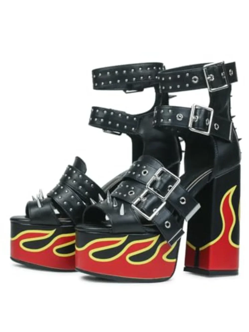 Red Flame Printed Straps Open-toed Rivets Ankle Sandals Platforms Thick-soled